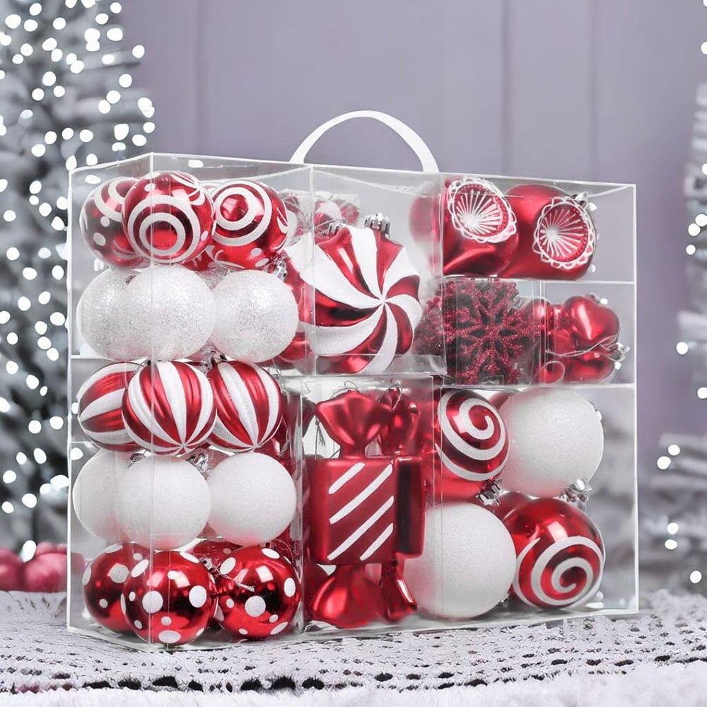 Premium Christmas Candy Red and White Large Ornament Set, Candycane Color 108 Piece Bauble