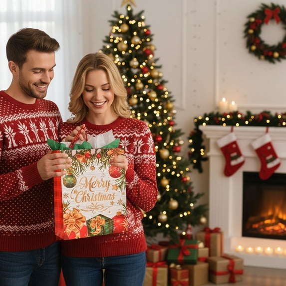 Premium Christmas Gift Bags 12.6x10 Inches - Heavy Duty Red Present Sack with Reinforced Handles | Holiday Wrapping Solution for Wine/Books (1-Pack)