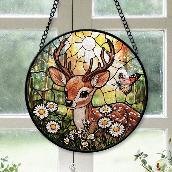 Premium Christmas Gift - Deer A Flower Crown Christmas Stained Glass Hanging Ornament - Bright Holiday Tree Decoration & Secret Santa Gift for Family & Friends