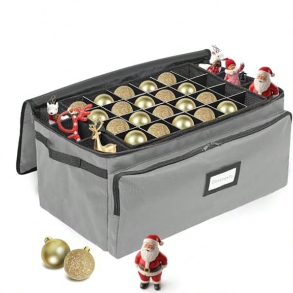 Premium Christmas Ornament Storage Box Holds up to 72-3 Ornaments + 6 Side Slots for Figurines Nutcrackers Holiday Decoration Organizer Durable 600D Grey Canvas