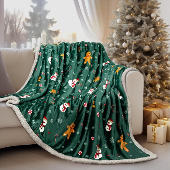 Premium Christmas Sherpa Throw Blanket | Christmas Decoration Gift, Fleece, Plush, Warm, Cozy Reversible Microfiber Holiday Blanket | Green Gingerbread - 50x60