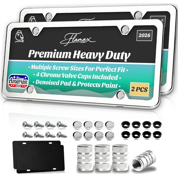 Premium Chrome License Plate Frames with 2 Anti-Scratch Pads & 4 Tire Valve Caps, Heavy Duty Rust-Free Chrome License Plate Frame 2 Pack for Women & Men, 2 Holes Universal Fit for Cars & Trucks