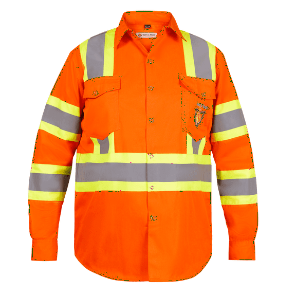 Premium Class 3 High Visibility Hi Vis Safety Shirt - Full Sleeve - 65%C35%N - 6 oz (Large, Bright Orange)