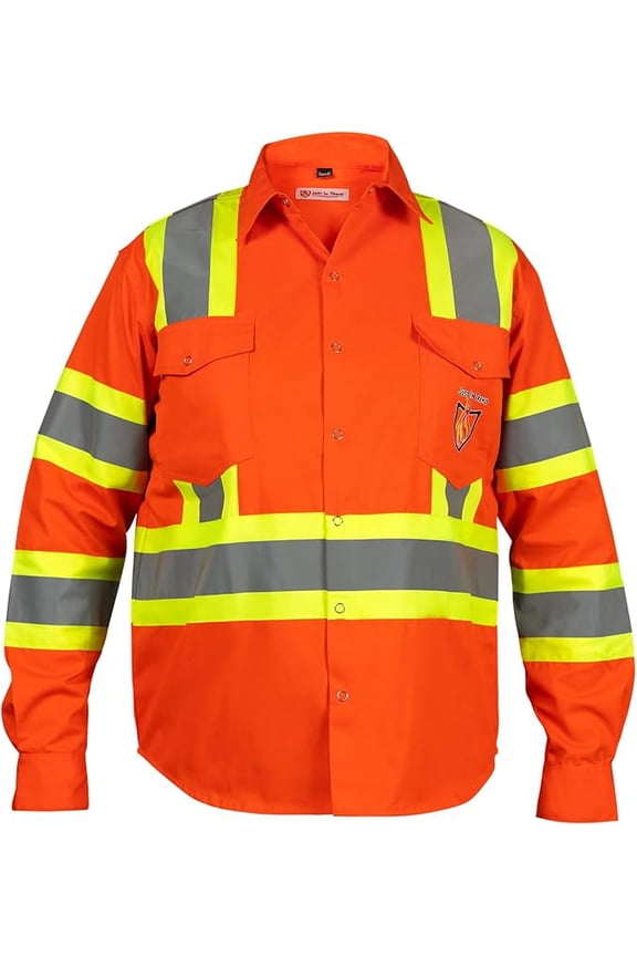 Premium Class 3 High Visibility Hi Vis Safety Shirt - Full Sleeve - 65%C35%N - 6 oz (X-Large, Bright Orange)