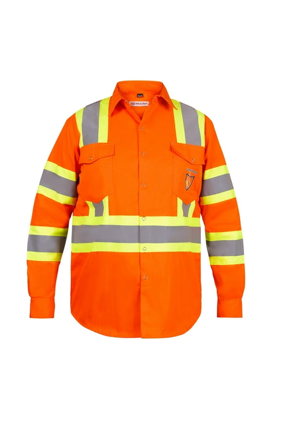 Premium Class 3 High Visibility Hi Vis Safety Shirt - Full Sleeve - 65%C35%N - 6 oz (X-Large, Bright Orange)