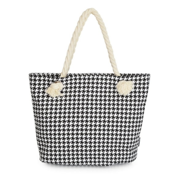 Premium Classic Black White Houndstooth Print Cotton Canvas Tote Shoulder Bag Handbag