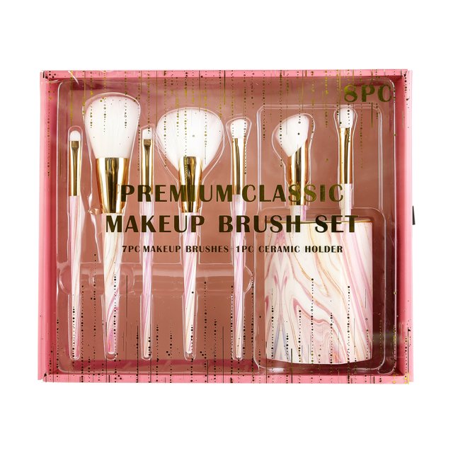 Premium Classic Makeup Brush Gift Set with Pink Ceramic Holder, 8 Piece