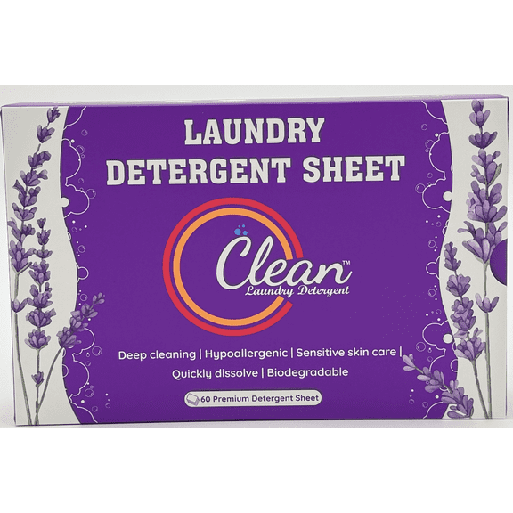 Premium Clean Laundry Detergent Sheet Hypoallergenic, Eco-Friendly, Plant-Based, Biodegradable, 100% Natural Gentle on Skin & Fabrics, Lavender Scent, 60 Premium Detergent Sheet (Lavender)
