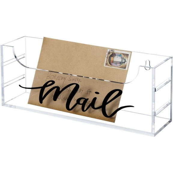 Premium Clear Acrylic Mail Holder with Decorative Black Cursive Mail Label, Modern Wall Mounted or Tabletop Mailbox, Letter Storage Organizer Box