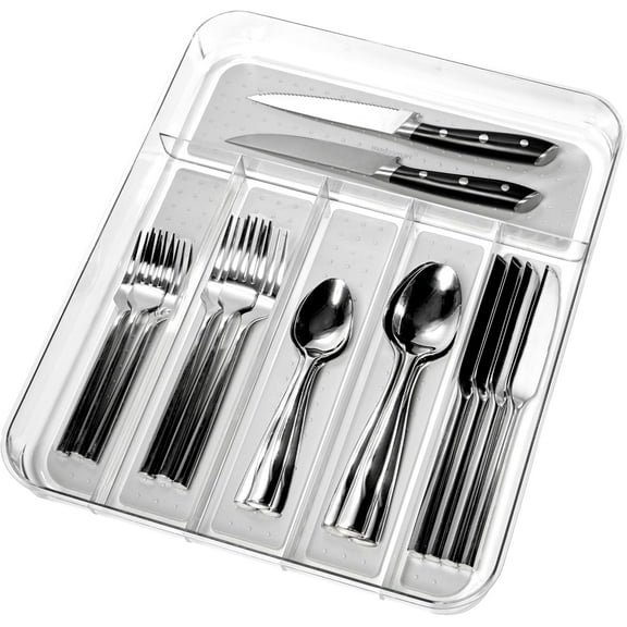 Premium Clear Silverware Tray, 6 Compartment Flatware Organizer for Forks, Knives & Spoons, Soft Grip Lining & Non Slip Base, Grey