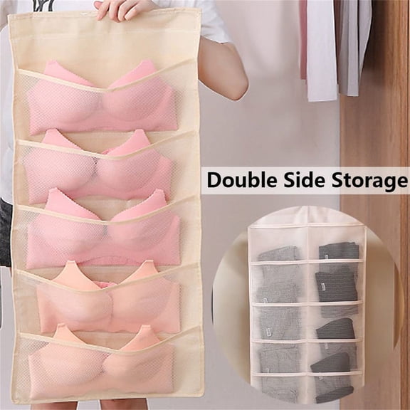 Closet Hanging Organizer - Double-Sided Mesh Storage with Metal Hanger for Bras, Panties, Socks - Space Saver Wardrobe Shelf for Door/Wall Mount