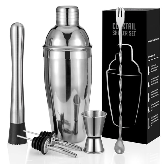 Premium Cocktail Shaker Set 6-Piece, Bartender Kit with Martini Shaker, Jigger, Mixing Spoon, Muddler, 2 Pourers, Built-in Strainer for Bar Tools, Silver
