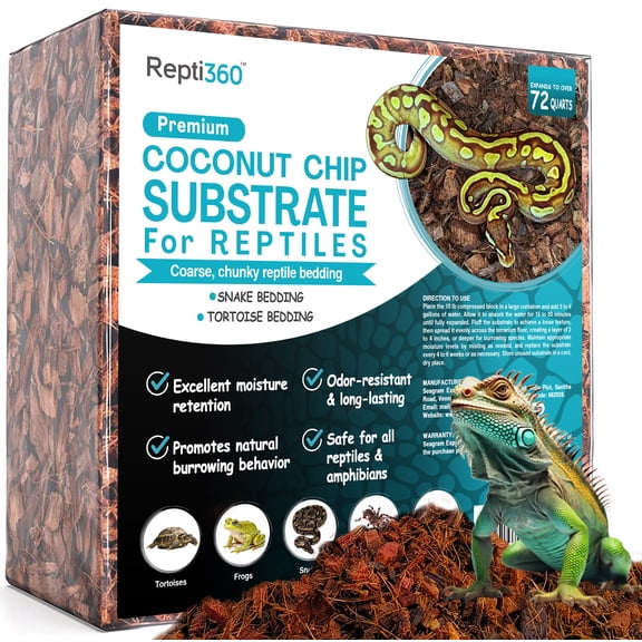 Premium Coconut Chip Substrate for Reptiles 10 lb Compressed Coco Husk Block, Expands to 72 Quarts, Natural Reptile Bedding for Ball Python, Bearded Dragon, Tortoise & Snake Tanks