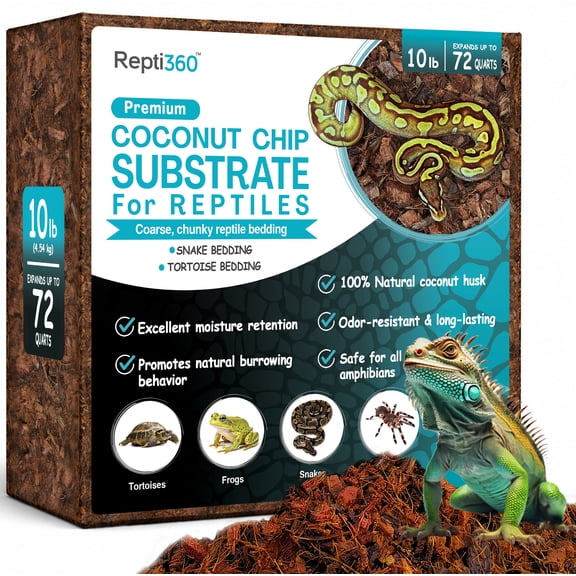Premium Coconut Chip Substrate for Reptiles 10 lb Compressed Coco Husk Block, Expands to 72 Quarts, Natural Reptile Bedding for Ball Python, Bearded Dragon, Tortoise & Snake Tanks