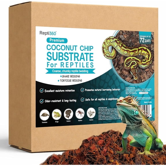 Premium Coconut Chip Substrate for Reptiles 10 lb Block in Carton Box, Expands to 72 Quarts Natural & Dust-Free Coco Husk Bedding for Ball Python, Bearded Dragon, Tortoise & Gecko