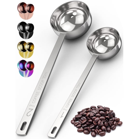 Premium Coffee Scoop Set - 1 Tbsp (15ml) & 2 Tbsp (30ml) Measuring Tablespoon - Stainless Steel Coffee Measuring Spoon and Scooper with Long Handles - Pack of 2
