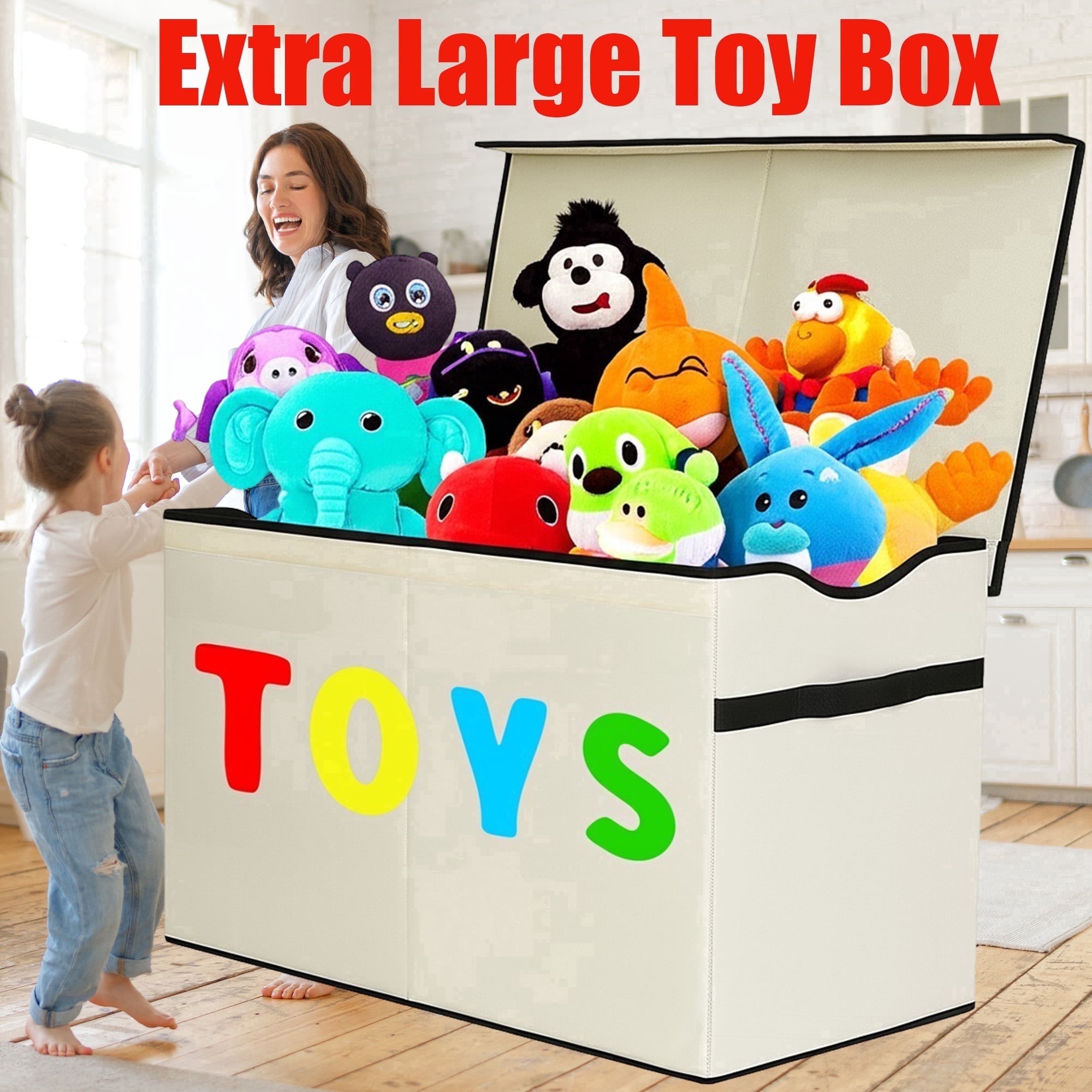 VICTORICH Large Child Collapsible Toy Storage Fabric 32 gal Kids Room Toy Chests, with 1x Extra Large Toy Storage Box with Lid, Beige