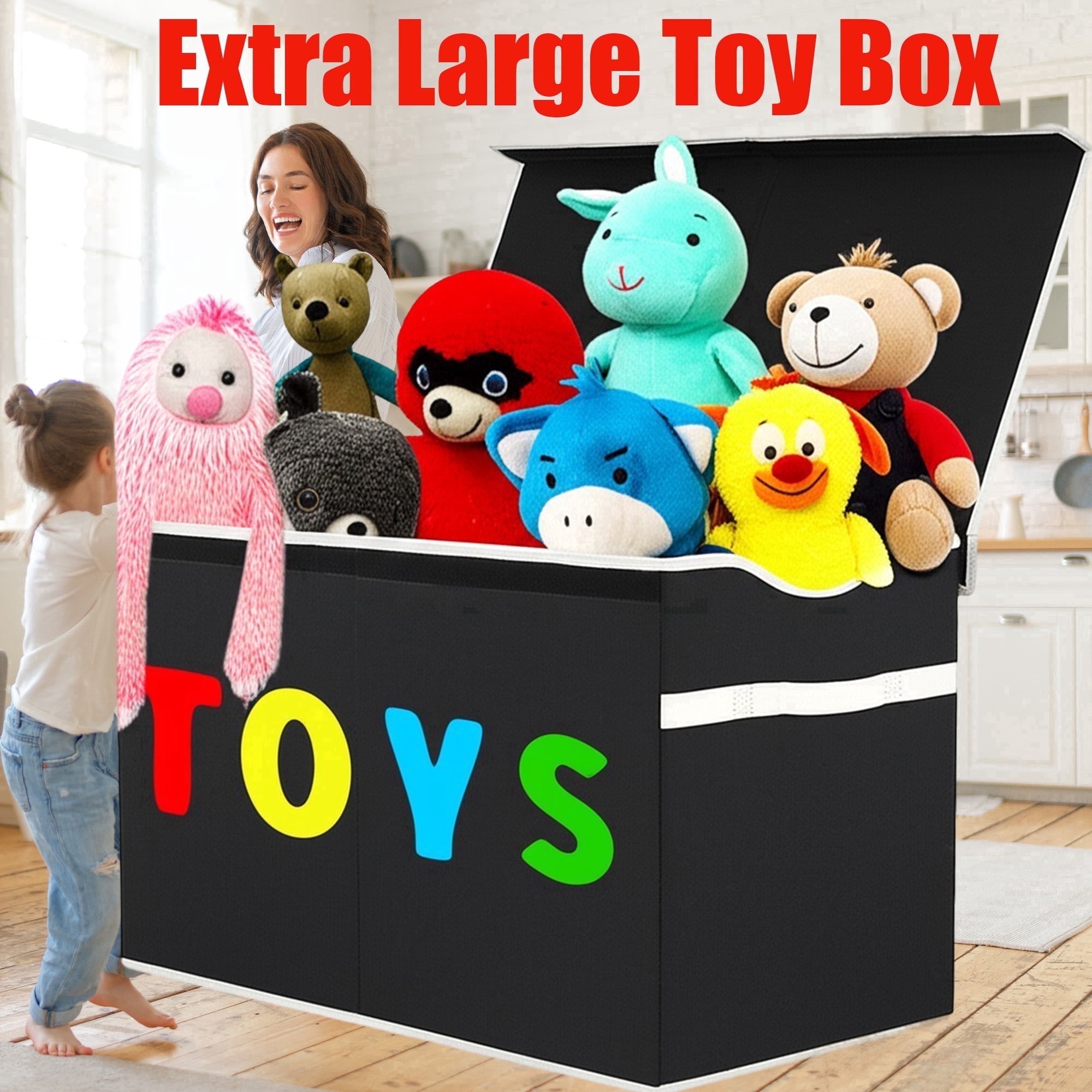 VICTORICH Large Child Collapsible Toy Storage Fabric 32 gal Kids Room Toy Chests, with 1x Extra Large Toy Storage Box with Lid, Black