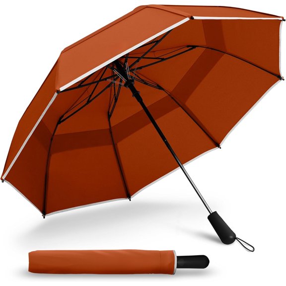 Premium Collapsible Travel Umbrella - Windproof, Compact, Easy Auto Open - Perfect for Rain, Wind, Backpack, Car - Folding Umbrella (Rusty Orange)