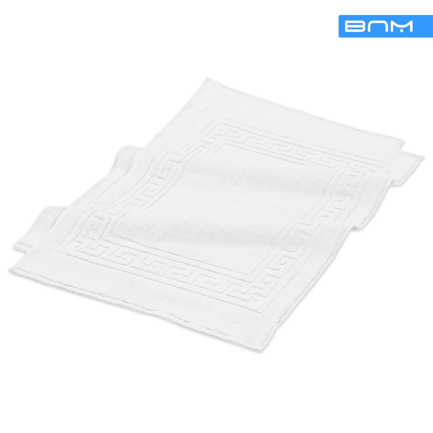 White Cotton Absorbent Bath Mat Set with Meander Border