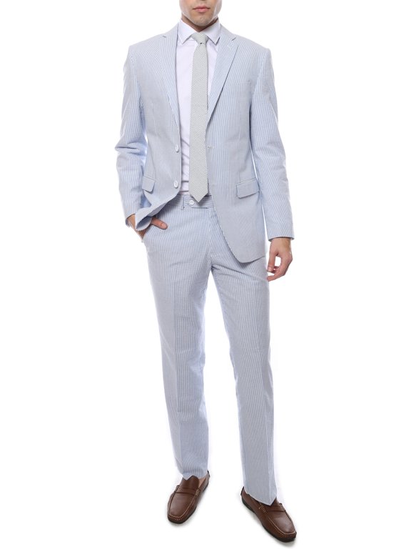 Cotton Slim Blue Seersucker Suit~48L/42W
