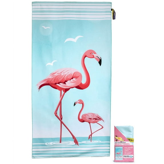 Premium, Compact Large Beach Towel- Blue Beach Flamingo