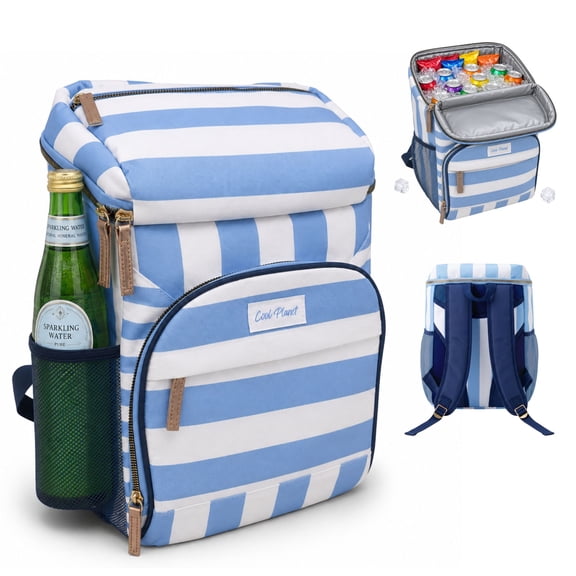 Cool Planet 20-Can Soft-Sided Cooler Backpack with Padded Shoulder Straps, Blue and White