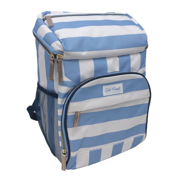 Cool Planet 20-Can Soft-Sided Cooler Backpack with Padded Shoulder Straps, Blue and White