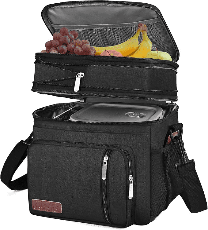 Premium Cooler & Lunch Box for Men and Women - Double Deck, Leakproof, Insulated Soft Large Adult Lunch Tote (Black, 15L)