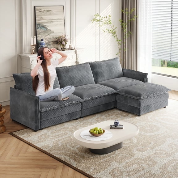 Premium Corduroy 3-Seater L-Shaped Couch with Movable Footrest|Superior Comfort & Flexible Combination