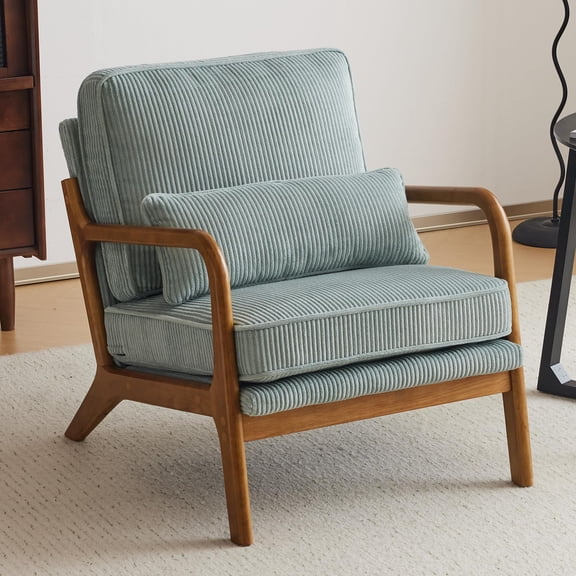 Premium Corduroy Accent Chair with Solid Wood Frame, Upholstered Armchair for Living Room Bedroom Guest Room, Comfy Reading Chair with Lumbar Support Pillow, Light Teal