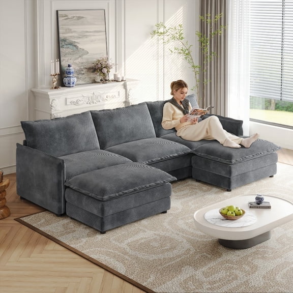 Premium Corduroy Fabric 3-Seater Couch with 2 Movable Footrests