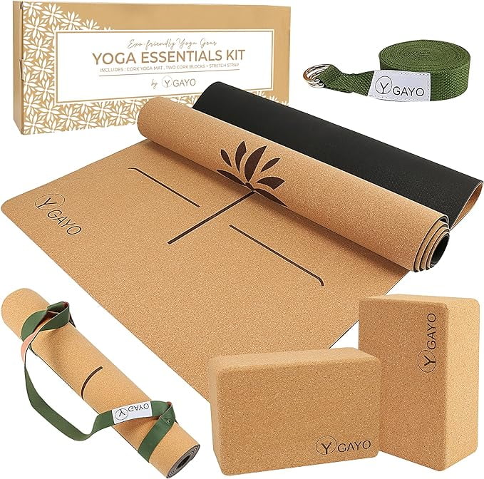 Gayo Premium Cork All-in-One Essentials Kit - Large Cork Yoga Mat and Blocks Set with Carry Strap and Alignment Lines, 10ft Stretch Strap, Eco-Friendly Starter Set