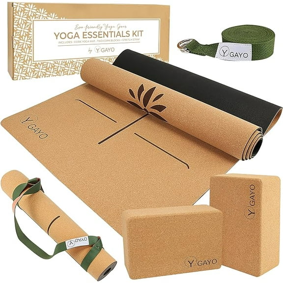 Premium Cork All-in-One Yoga Essentials Kit -Large Cork Yoga Mat and Blocks Set with Carry Strap and Alignment lines, 10ft Yoga Stretch Strap, Your Ultimate Eco-Friendly Yoga Starter Set