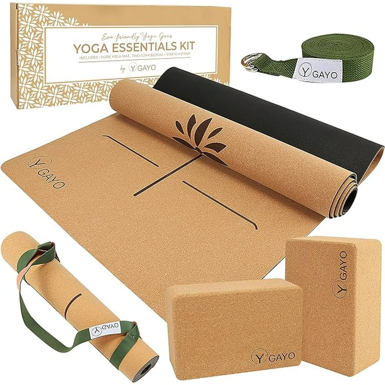 Premium Cork All-in-One Yoga Essentials Kit -Large Cork Yoga Mat and Blocks  Set with Carry Strap and Alignment lines, 10ft Yoga Stretch Strap, Your
