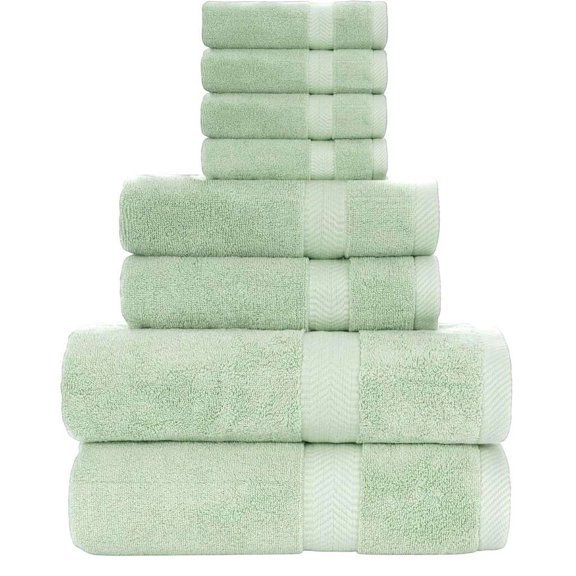 8 Piece Towel Set, Ring Spun Cotton, Bath Hand and Washcloth, Mint Green