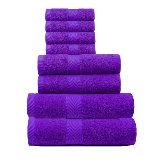 Premium Cotton Bath, Hand and Washcloth Towel Set Plush Touch Quick Dry Hand And Kitchen Eco Friendly Towel 100% Cotton Loop Terry, Purple, Set of 8