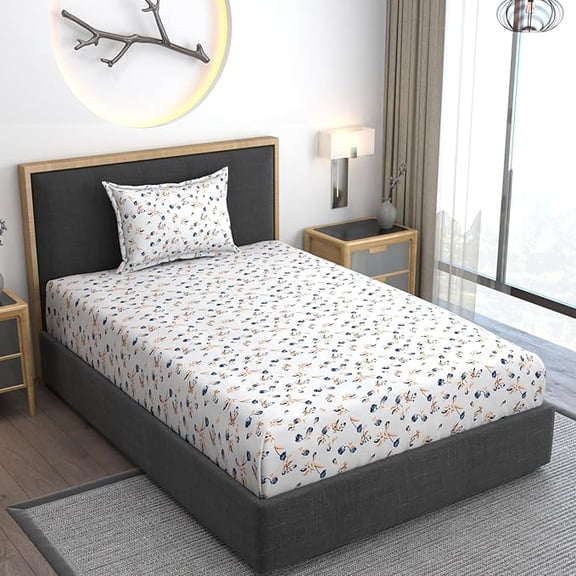 Premium Cotton Bedsheets Elastic Fitted With 1 Pillow Covers - Single Bedsheet Size 28x18 Inches, Blue Lily | Single Mattress Bed With All Around Elastic 350 TC Super soft