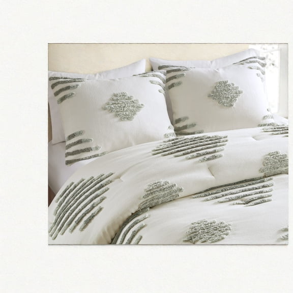 Premium Cotton Blend Bedding Sets Hypoallergenic Comforter with Modern Chenille Design Green Ivory