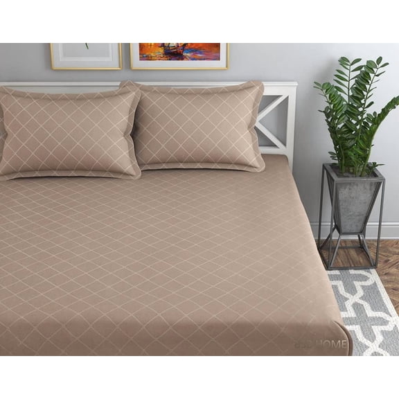 Premium Cotton Elastic Fitted Bedsheets With 2 King Size Pillow Covers | 72 X78+10 Inches, Tan - Double Bed With All Around Elastic 180 TC Super Soft
