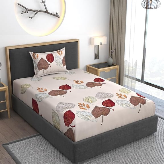 Premium Cotton Fitted Bedsheets Feel Glace Cotton All Around Elastic Fitted Single With 1 Pillow Cover - Single Bedsheets Size 78 X 48Inches, Brown Patti | Cotton Bedsheet Is Naturally Comfortable
