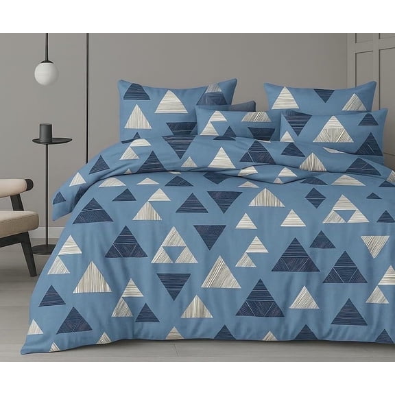 Premium Cotton King Size for Double Bed Bedsheet with 2 Pillow Covers Soft & Breathable Fabric Modern Geometric Triangle Print for Stylish Bedroom Dcor (Blue)