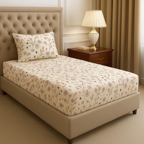 Premium Cotton Single Bedsheets With 1 Pillow Covers - 72x36+6 Inches, Almonds | Printed Single Sheet Super Soft Breathable & Wrinkle Free