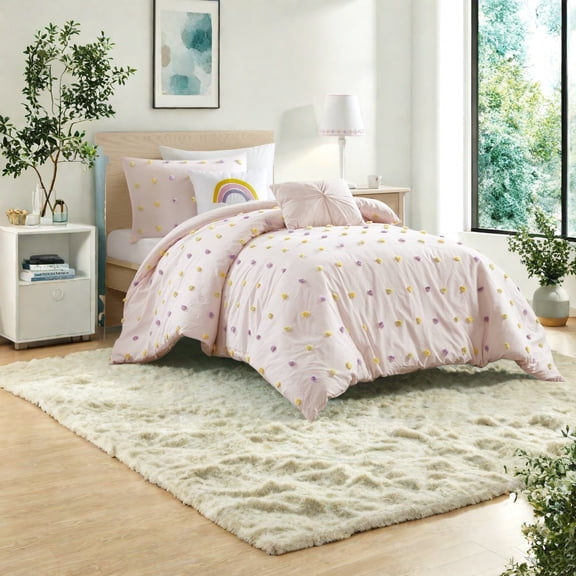 Premium Cotton Twin/Twin XL Bedding Sets Jacquard Pom Pom Design Pink Comforter Set for Home Family