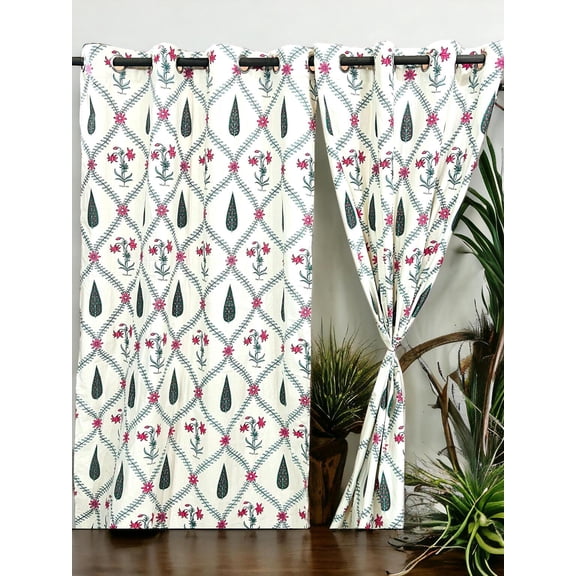 Premium Cotton Window Curtains – Multicolor, Indian Design, Set of 2(Green)