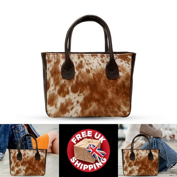 Premium Cowhide Leather Shoulder Bag – Light Brown & White Cowskin Tote with Hair-on Texture