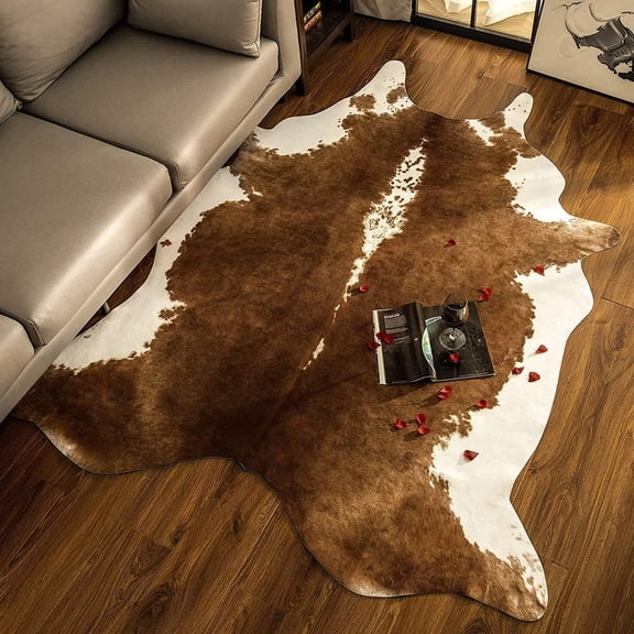 Premium Cowhide Rug Large, Faux Cow Hide Rugs for Living Room Bedroom Western Home Decor, Non Slip Cute Rug with Irregular Animal Skins and Hides, Khaki Brown, 6.2 x 7ft