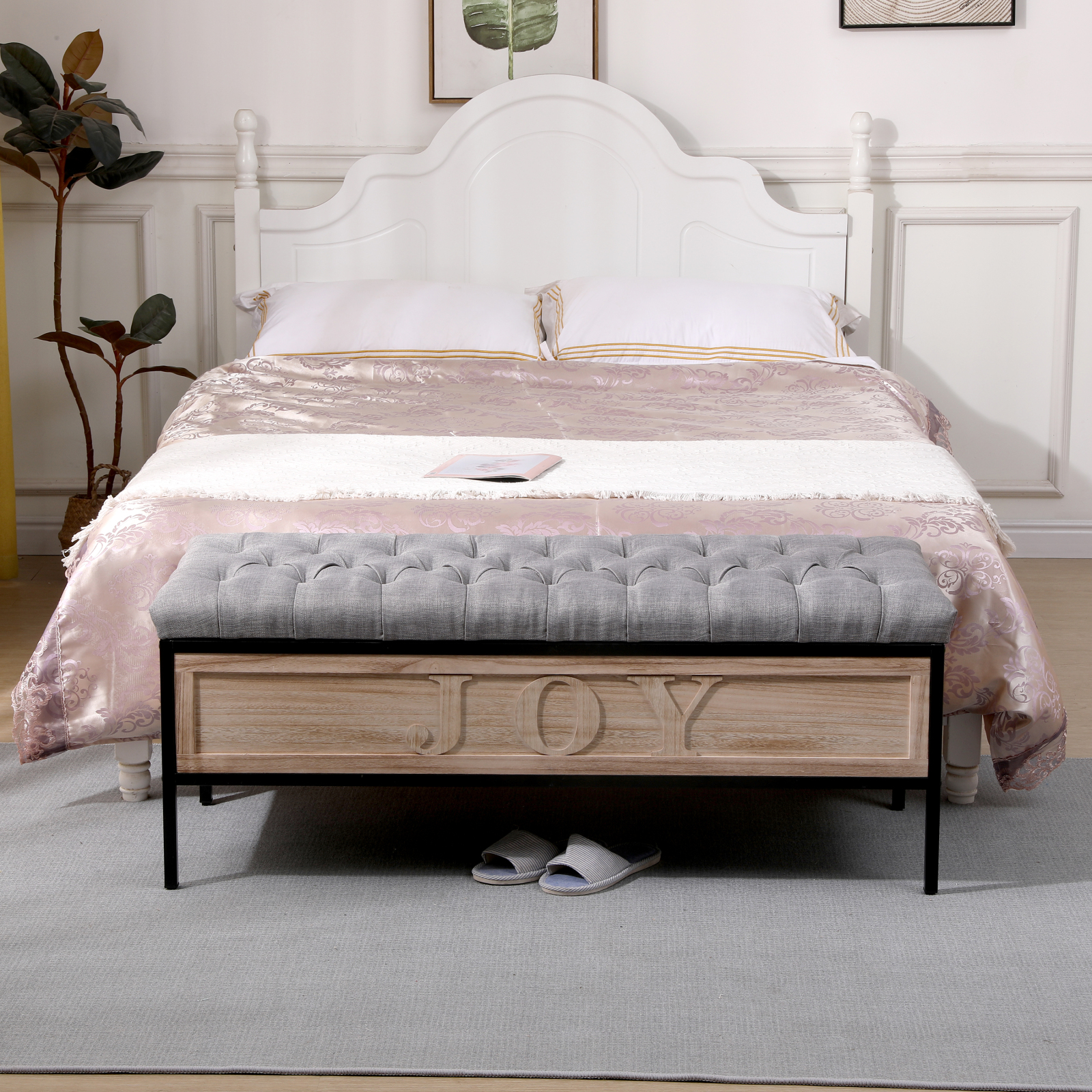 Premium Craftsmanship Gray 48'' Storage Bench Linen Upholstered End of