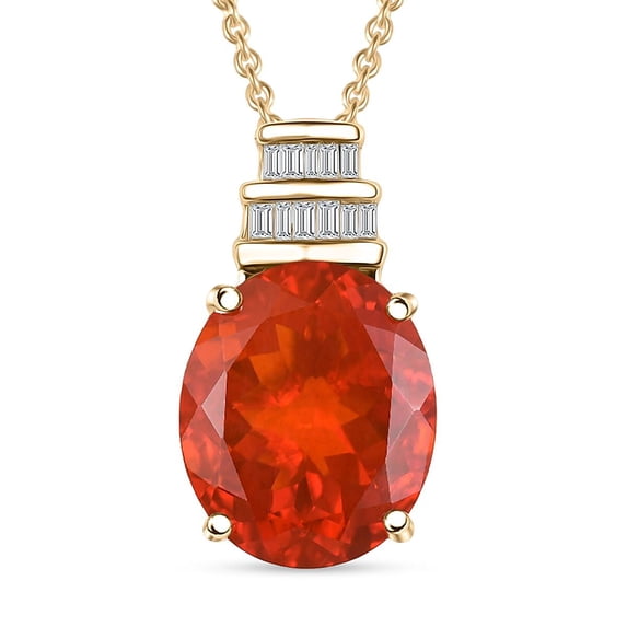 Premium Crimson Fire Opal and I2 Diamond 3.35 ctw Dawnfire Pendant Necklace in 10K Yellow Gold 20 Inches Christmas Gifts