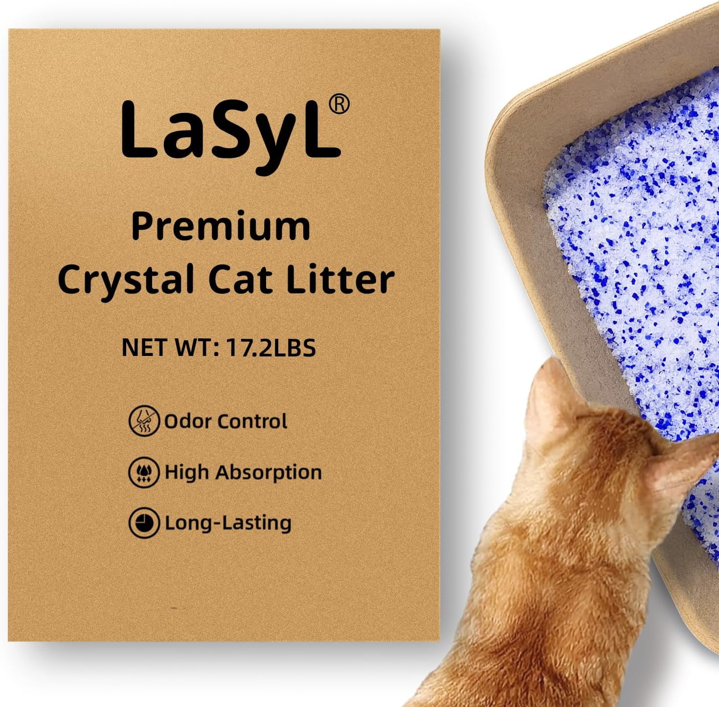 Premium Crystal Cat Litter - 17.2 lb, Four Months Lasting - Superior Odor Control & Absorption, Non-Clumping, Low Tracking Silica Gel Safe for Pet, White & Blue (4 Bags of 4.3 lb)
